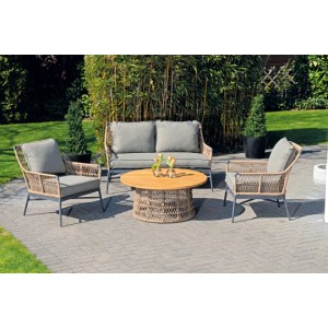 Natur24 Lounge-Tisch Retro, 100x100 cm, aus Aluminium und Polyethynel. Gartentisch mit Teakholzplatte.