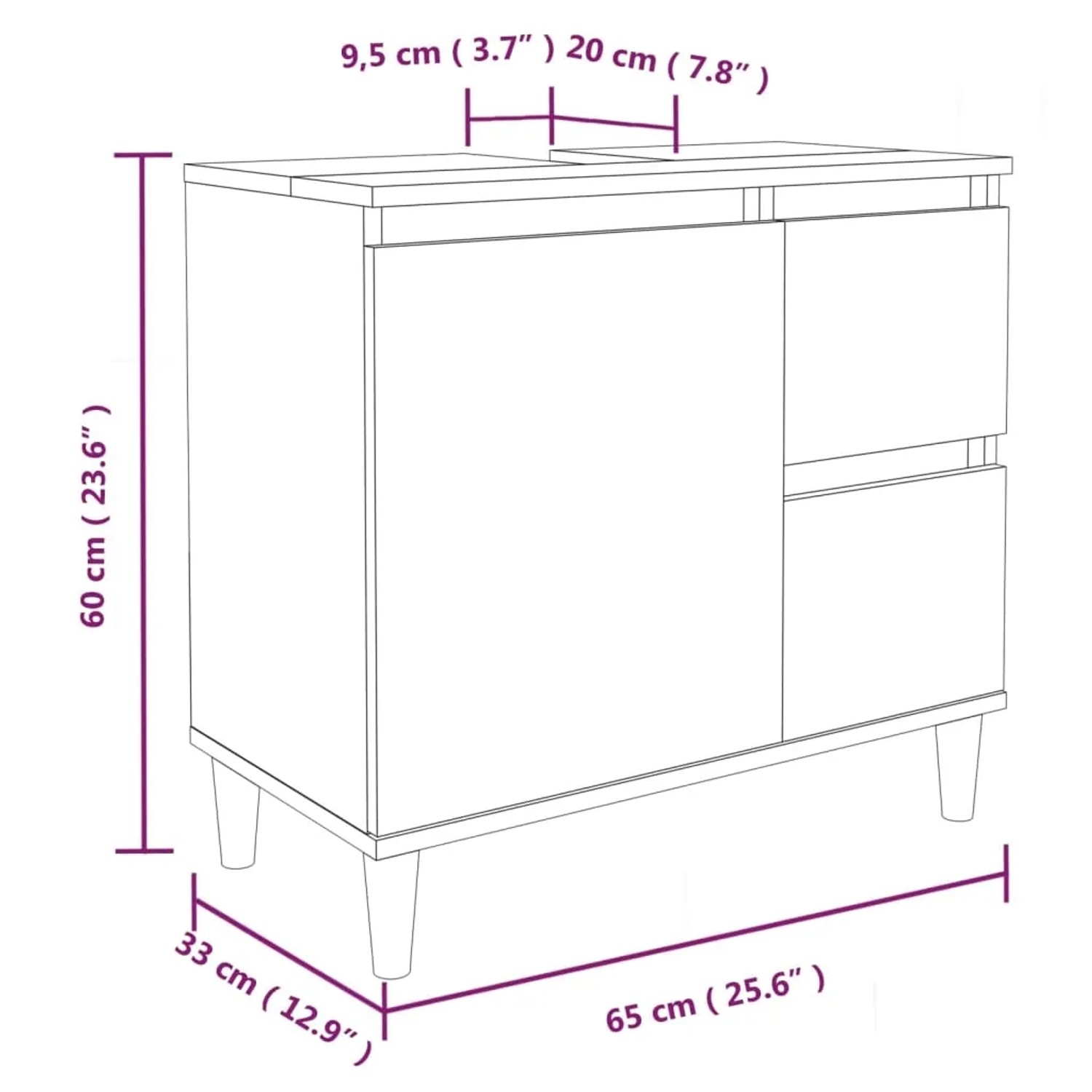 vidaXL Badmöbel-Set, 3-teilig, weiß, Holzwerkstoff, Modell 10: Waschbeckenunterschrank mit Maßen.
