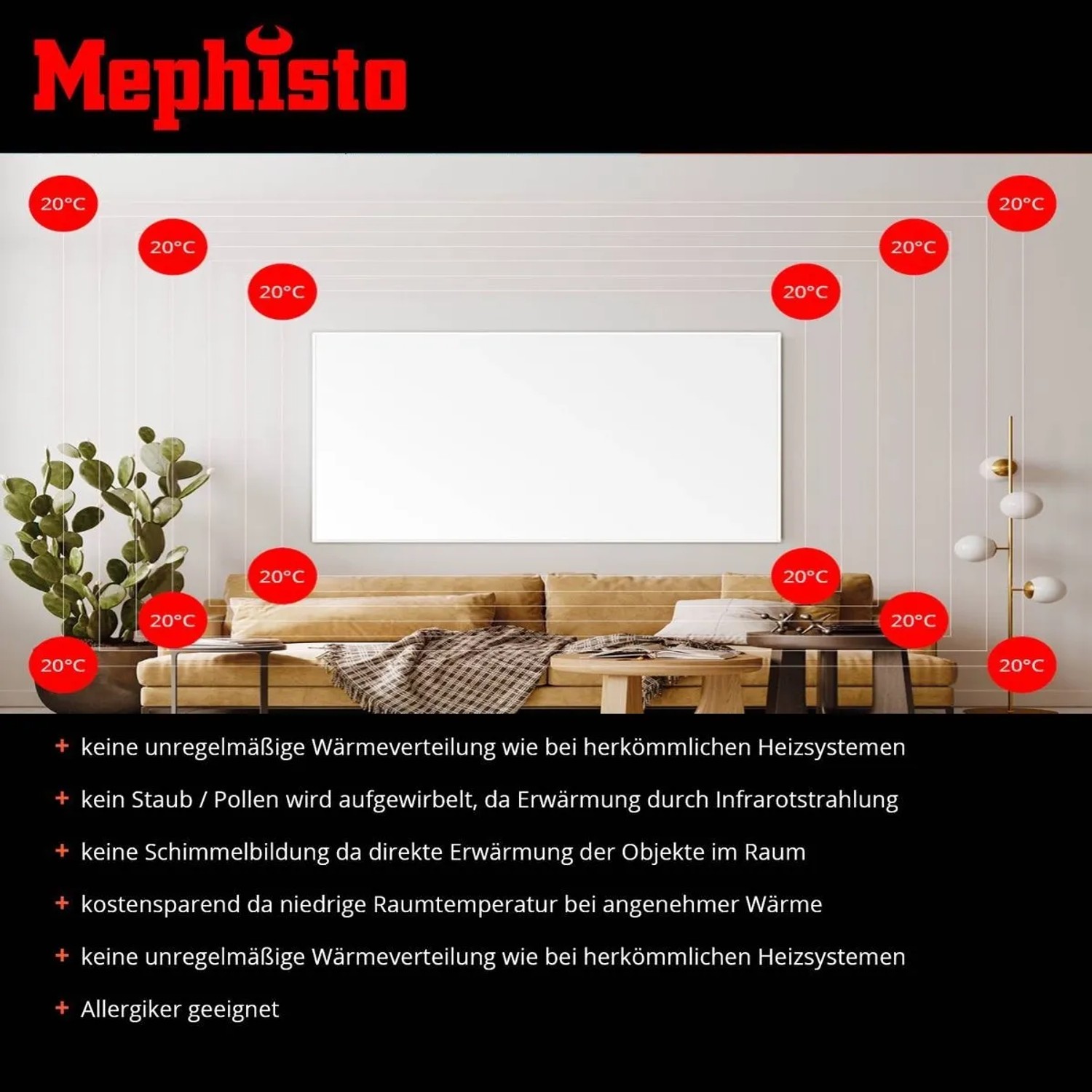 Mephisto Infrarotheizung 300W im Wohnraum, energiesparende Elektroheizung mit Fernbedienung und Thermostat.