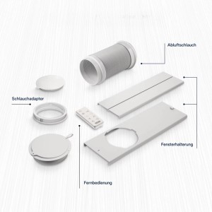 Zubehör für De'Longhi Klimagerät: Abluftschlauch, Fenster-Kit, Adapter und Fernbedienung.