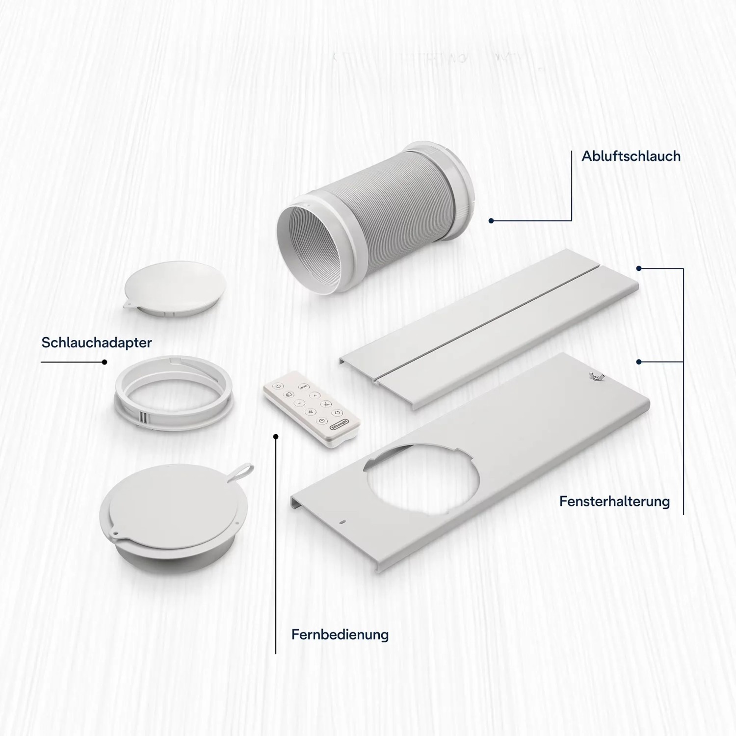 Zubehör für De'Longhi Klimagerät: Abluftschlauch, Fenster-Kit, Adapter und Fernbedienung.