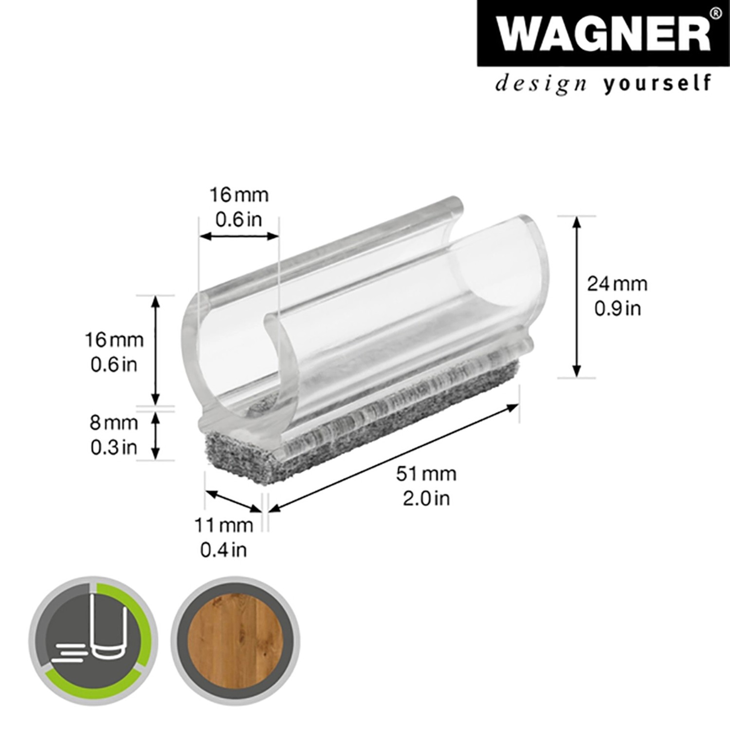 Wagner Klemmschalengleiter EH 0691, transparent, für Rohre Ø 1,6cm, 4er Set, Möbelgleiter mit Filz.