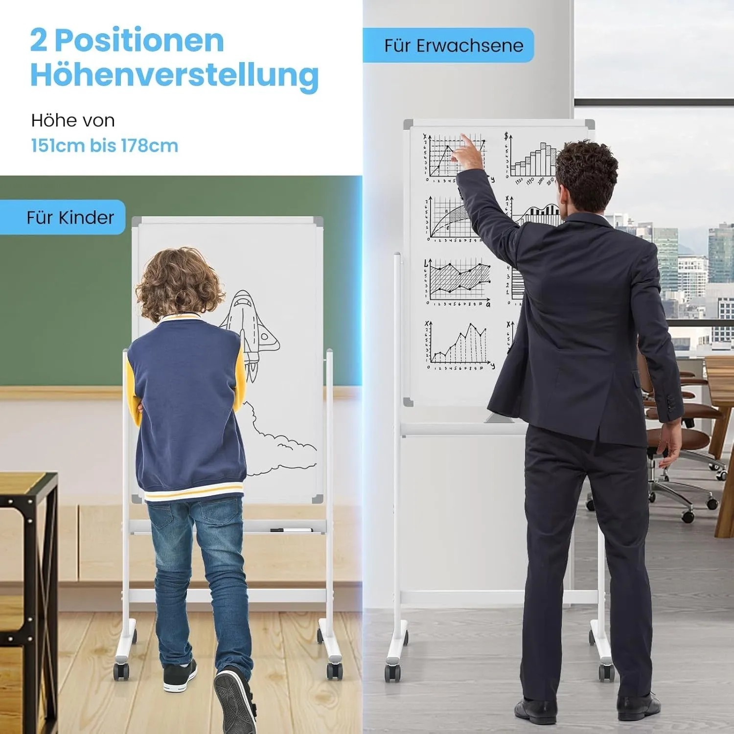 Mobiles, doppelseitiges Whiteboard von Costway, höhenverstellbar und mit Rollen, für Bürobedarf.