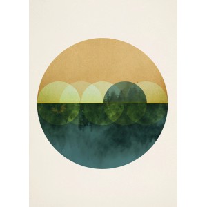 Komar Wandbild Mirrors, 50x70 cm, mit abstraktem Wald- und See-Motiv im Kreis.