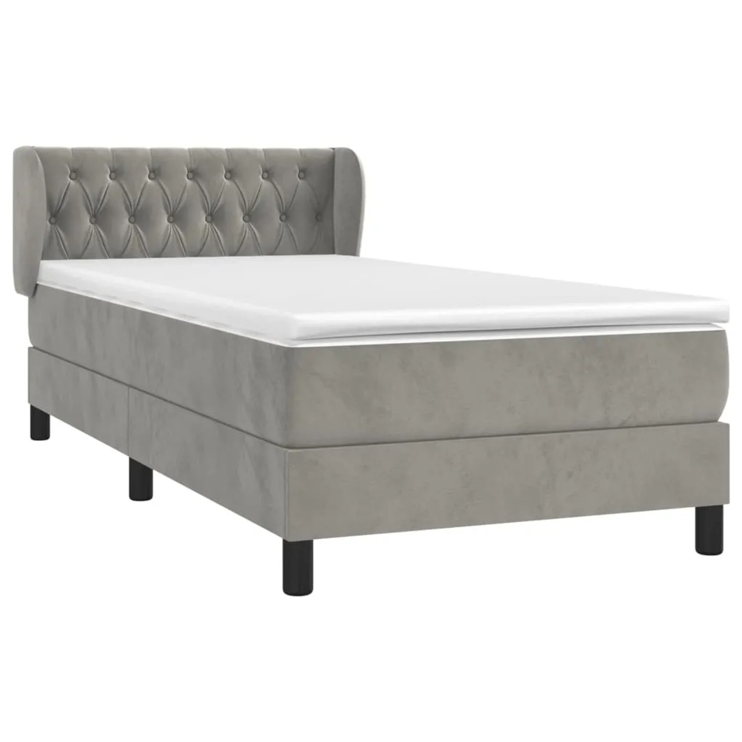 Hellgraues Boxspringbett 90x200 cm mit Samtbezug, inklusive Matratze und Topper.