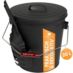 BLACK OAK Ascheeimer STROMBOLI 20L mit Deckel und Schaufel, Kaminofen Zubehör.