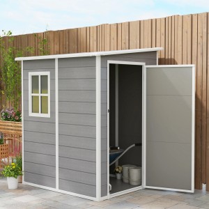 Graues Outsunny Gartenhaus aus Aluminium und Kunststoff mit geöffneter Tür und Fenster.