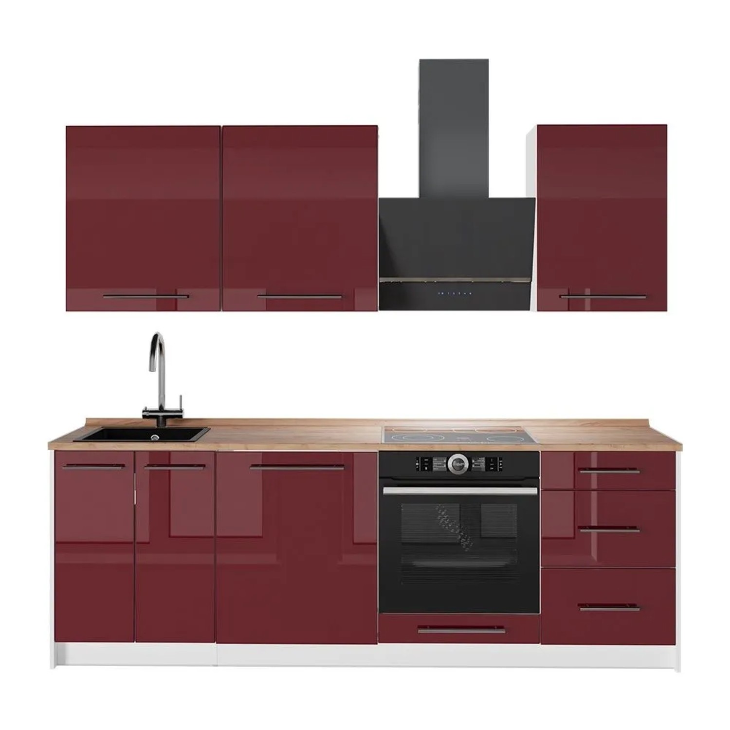 Vicco Küchenzeile Fame-Line Bordeaux Hochglanz/Weiß 230 x 82 AP Eiche Art Nr 64026