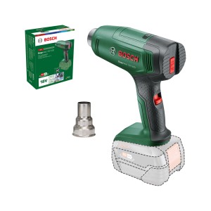 Bosch EasyHeat 18V-500 Akku-Heißluftgebläse (ohne Akku) mit Düse und Verpackung.