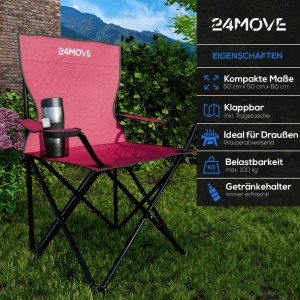 24Move Campingstuhl Faltstuhl Rot Getraenkehalter Tragetasche Outdoor Faltbar 100Kg Klappstuhl