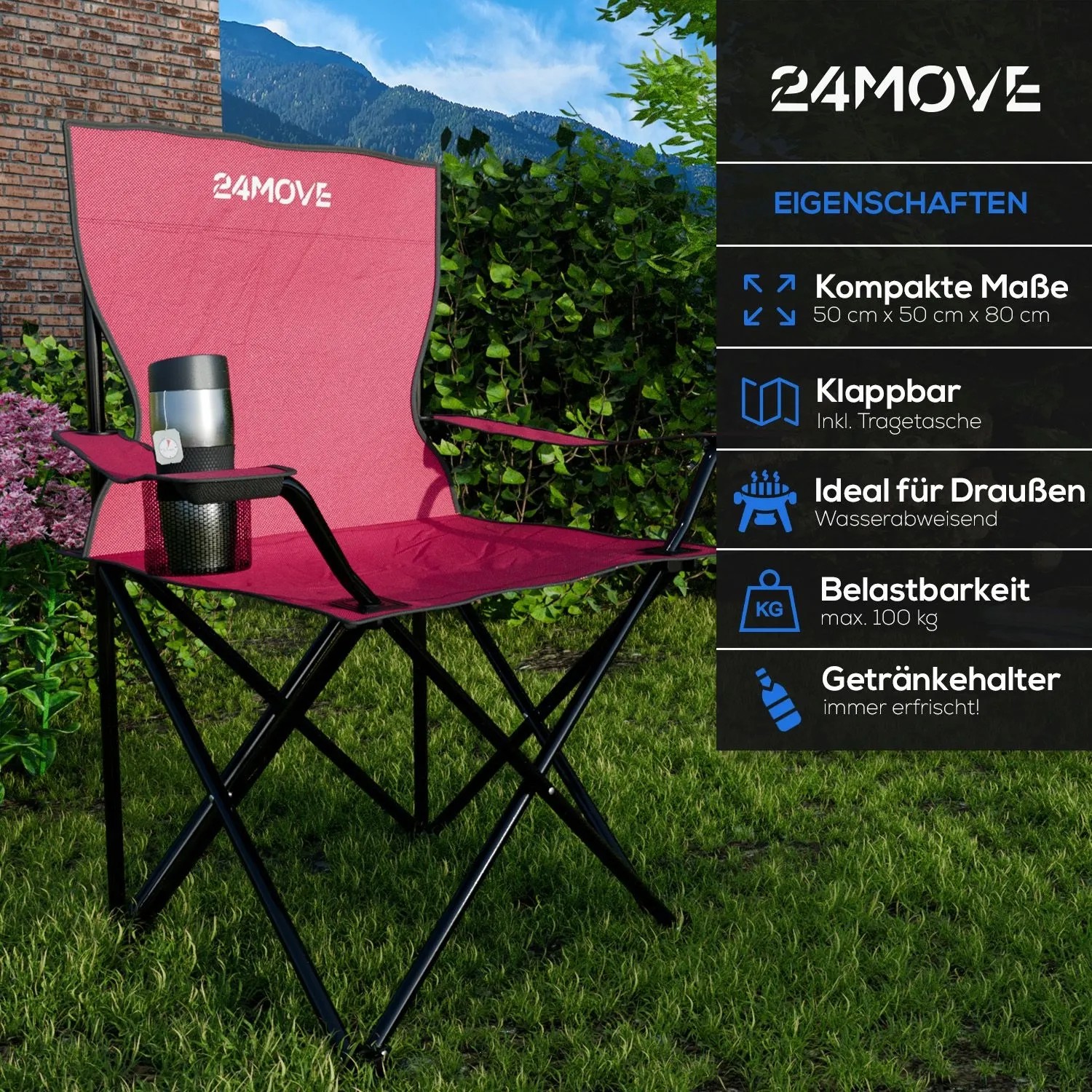 Roter 24Move Campingstuhl mit Getränkehalter, faltbar bis 100 kg, ideal für Outdoor & Camping.