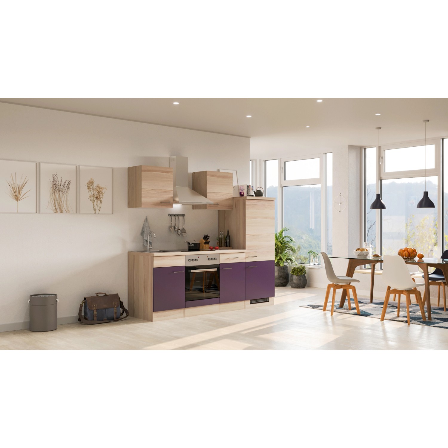 Flex-Well Exclusiv Küchenzeile/Küchenblock Focus 220 cm Akazie - Aubergine