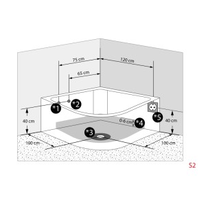 Skizze der AcquaVapore Eck-Badewanne W25H 150x150 mit Maßangaben für Installation.