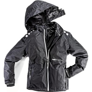 Schwarze Puma Workwear Regenjacke Champ (Größe L) mit Kapuze und reflektierendem Reißverschluss.