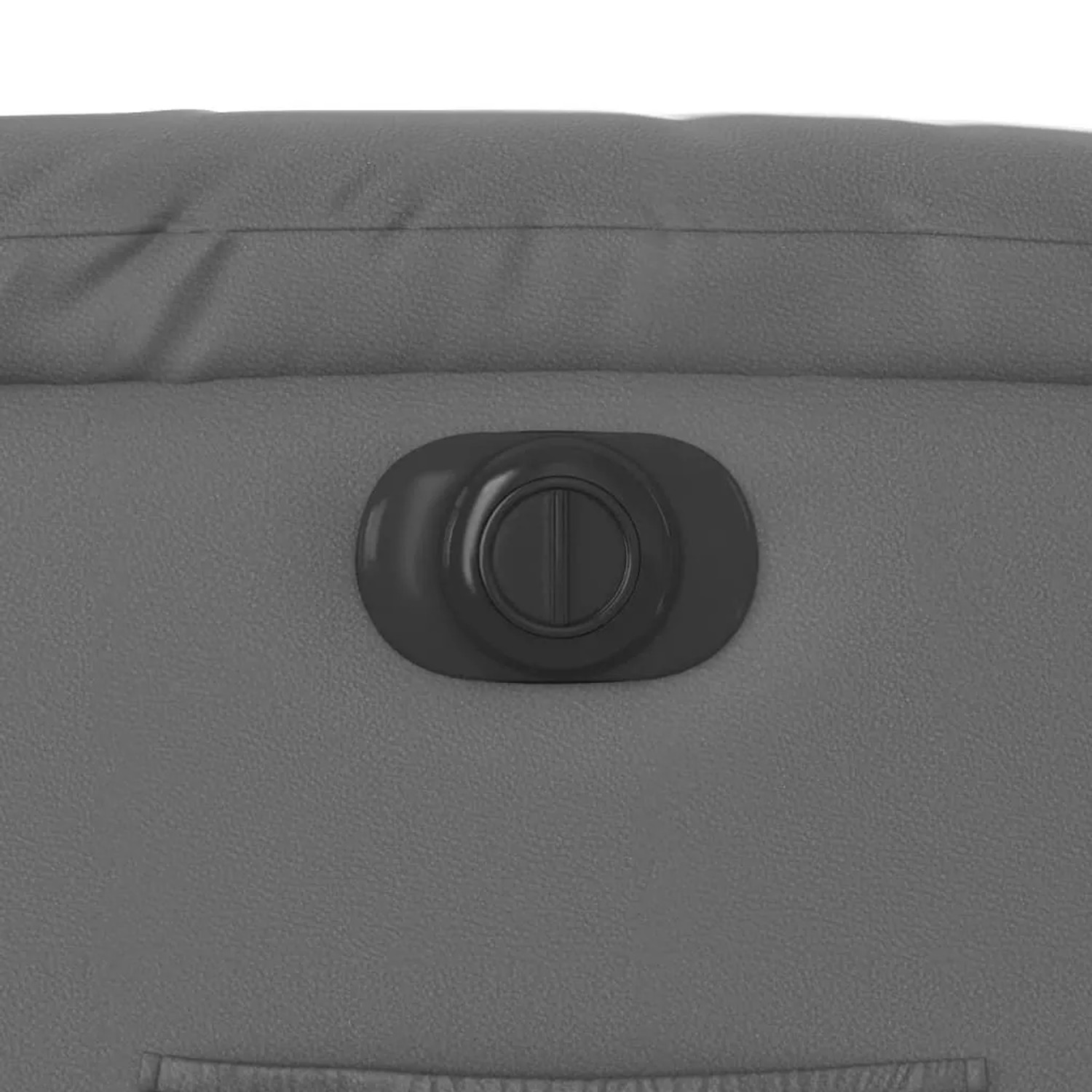 Detailaufnahme: Grauer Relaxsessel mit Aufstehhilfe, Bedienelement für elektrische Verstellung.