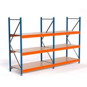 PROREGAL Weitspannregal MAXIMUS PRO, blau/orange, mit 3 Spanplatten-Fachböden, ideal für Lager und Werkstatt.