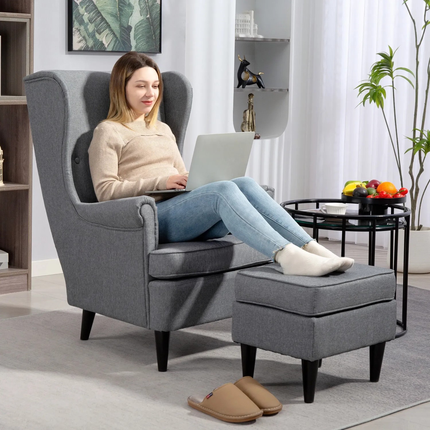 HOMCOM Ohrensessel mit Hocker Grau kaufen bei OBI