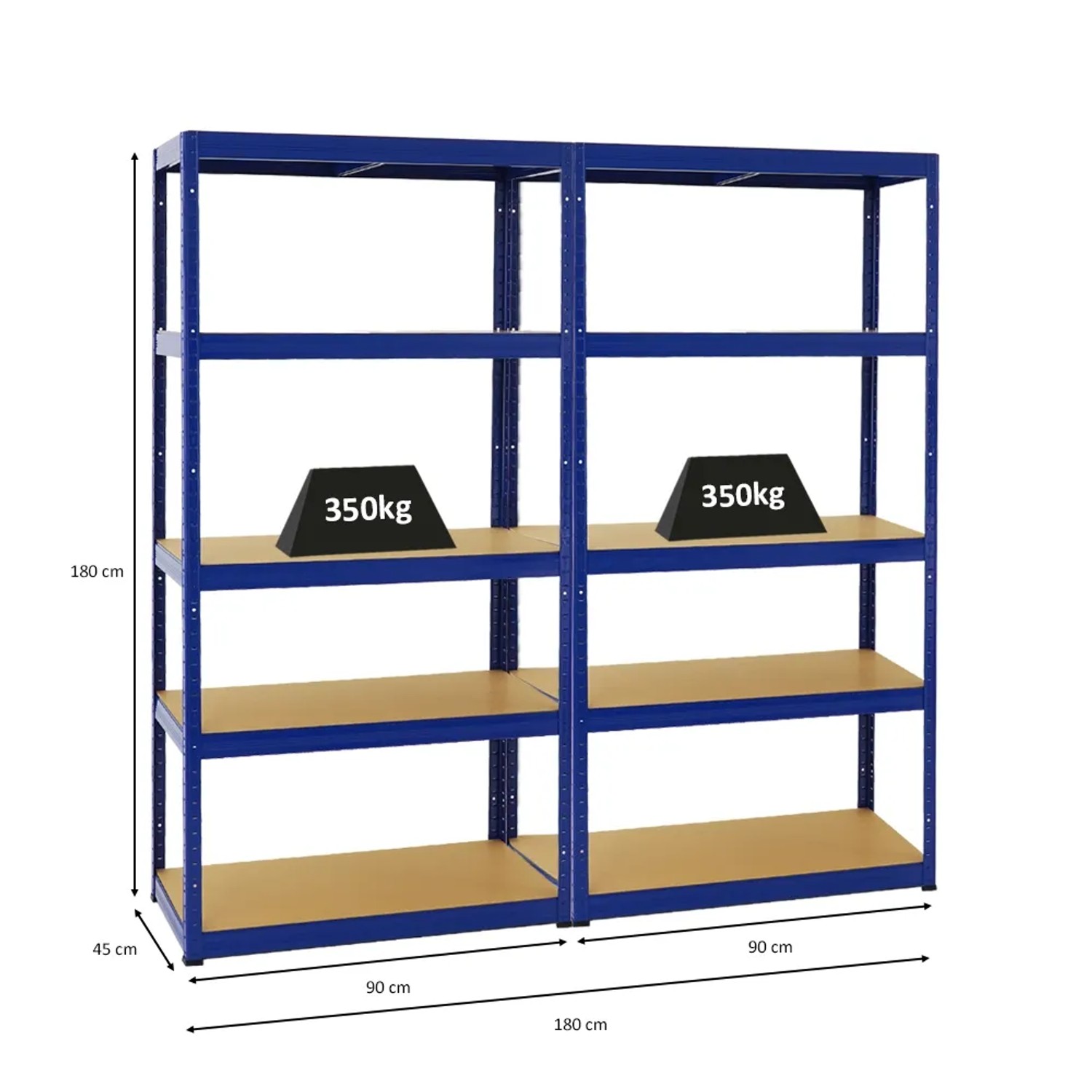 PROREGAL Mega Deal: 2 blaue Schwerlastregale (180x90x45cm) mit 5 MDF-Böden, je 350kg Traglast.