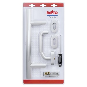 Stoßgriff-Set aus V2A-Edelstahl (350 mm) mit Drücker, Rosetten und Schraubendreher in Verpackung.