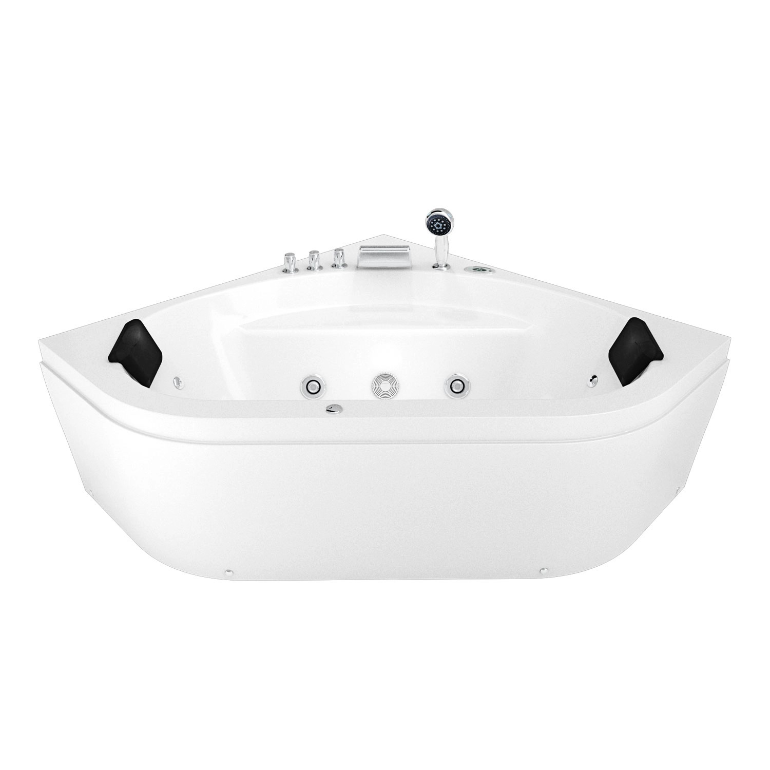 Weiße AcquaVapore Eck-Whirlpool Badewanne 140x140 mit Radio und Nackenkissen.