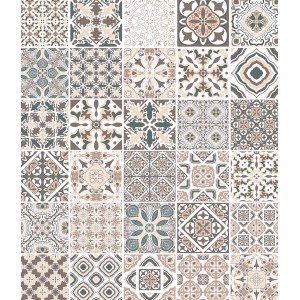 Wenko Glasrückwand Kachel, 60x70 cm, mit Fliesenmuster in Beige-, Braun- und Grüntönen.