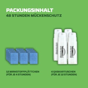 Thermacell Nachfüllpackung: 12 Wirkstoffplättchen und 4 Gaskartuschen für 48 Stunden Mückenschutz.