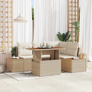 Beige vidaXL Garten Essgruppe mit Kissen, 5-teilig, aus Rattan und Akazienholz.