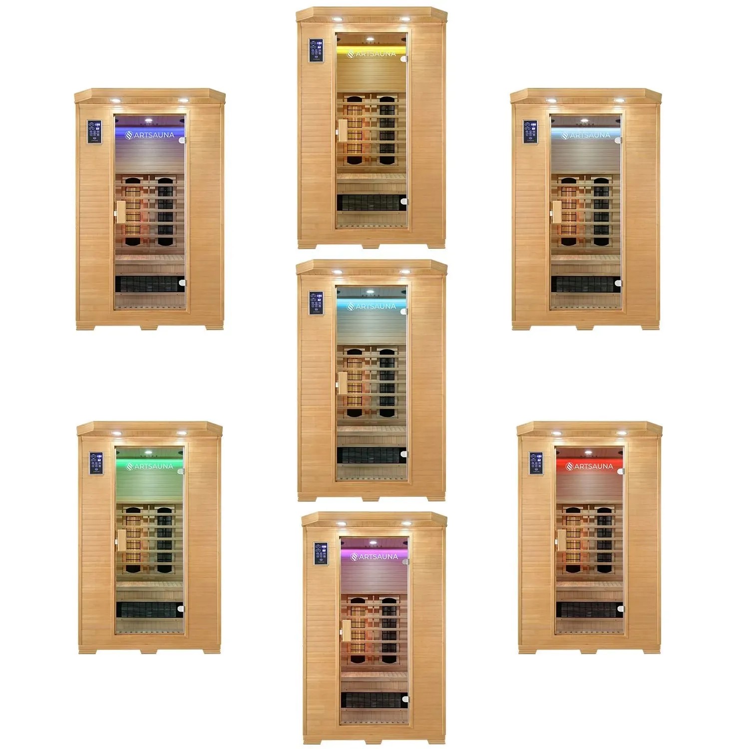 Artsauna Infrarotkabine Oslo mit Hemlockholz und LED-Farblicht in verschiedenen Farben.