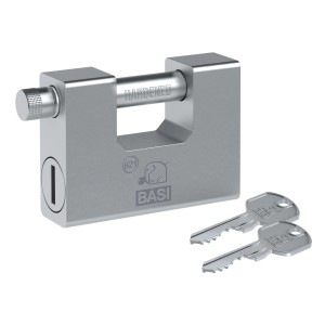 Basi Vorhangschloss VHS 621 aus Stahl mit Zylinderabdeckung und zwei Schlüsseln.