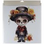 Halloween-Fensterbild Junge (34,5 cm) mit Totenkopfgesicht, Zylinder und bunten Rosen. Mehrfarbige Halloweendeko.