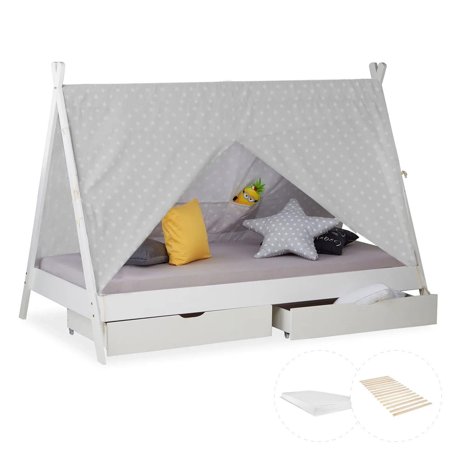 Homestyle4u Hausbett 90x200 mit Lattenrost Matratze und Bettkästen in Weiß 2082