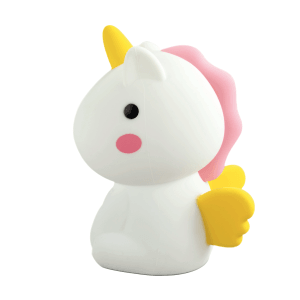 Niedliches LED-Nachtlicht Einhorn, weiß mit gelbem Horn und Flügeln, rosa Mähne. Sanftes Licht für Kinder.