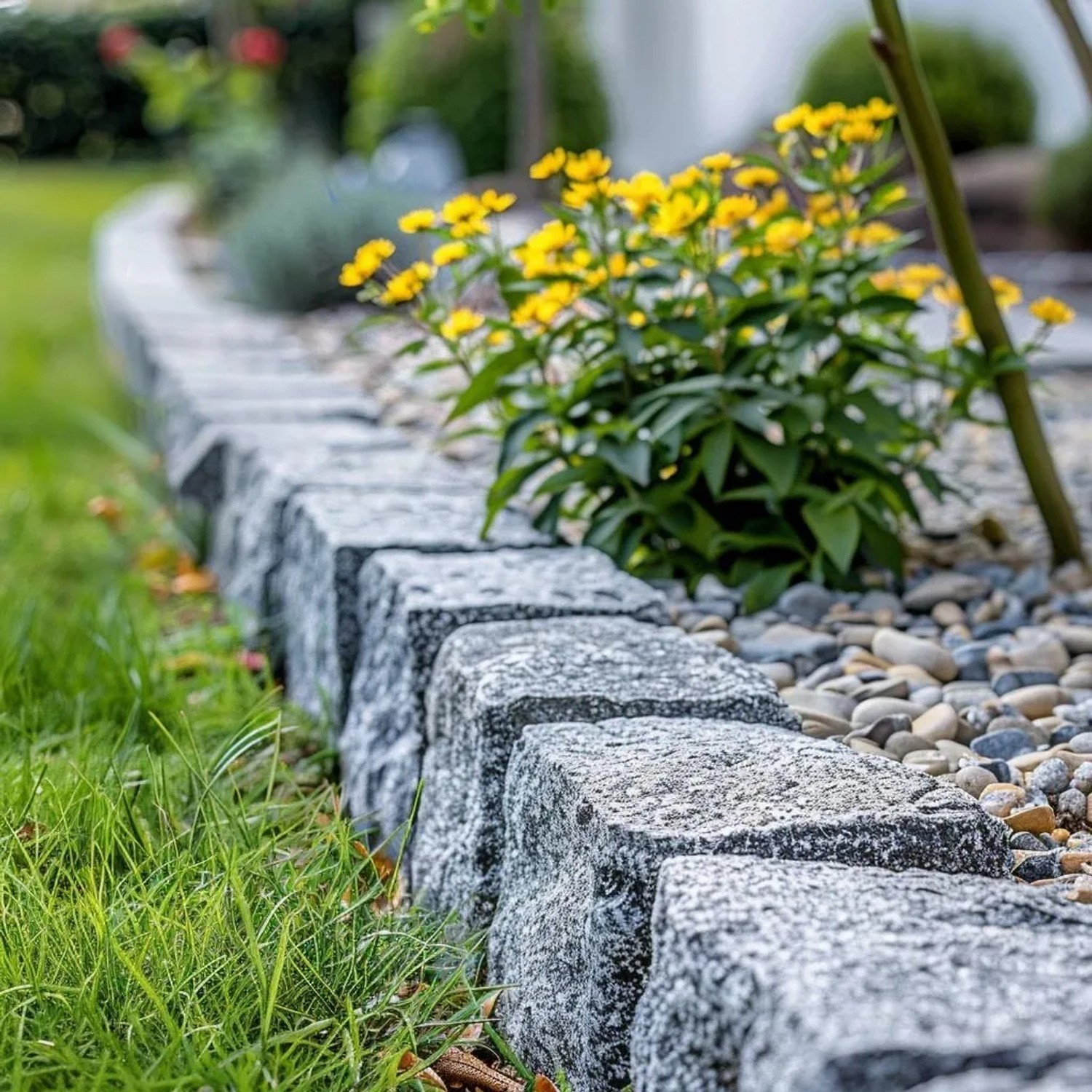 Graues, gespaltenes Granitpflaster als Gartenwegbegrenzung zwischen Rasen und Blumenbeet. Robuste Pflastersteine.