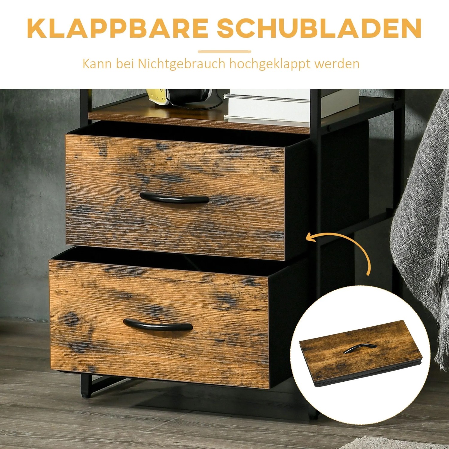HOMCOM Kommode mit zwei rustikal-braunen, klappbaren Stoffschubladen und schwarzem Stahlrahmen. Eine Schublade ist gefaltet.
