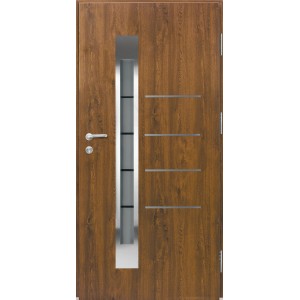 Splendoor Haustür Berlin Prime in Nussbaum mit Glaseinsatz und Edelstahlapplikationen.