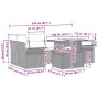 Beiges 7-teiliges vidaXL Garten-Sofa-Set aus Poly Rattan mit Tisch und Kissen, Maße eingezeichnet.