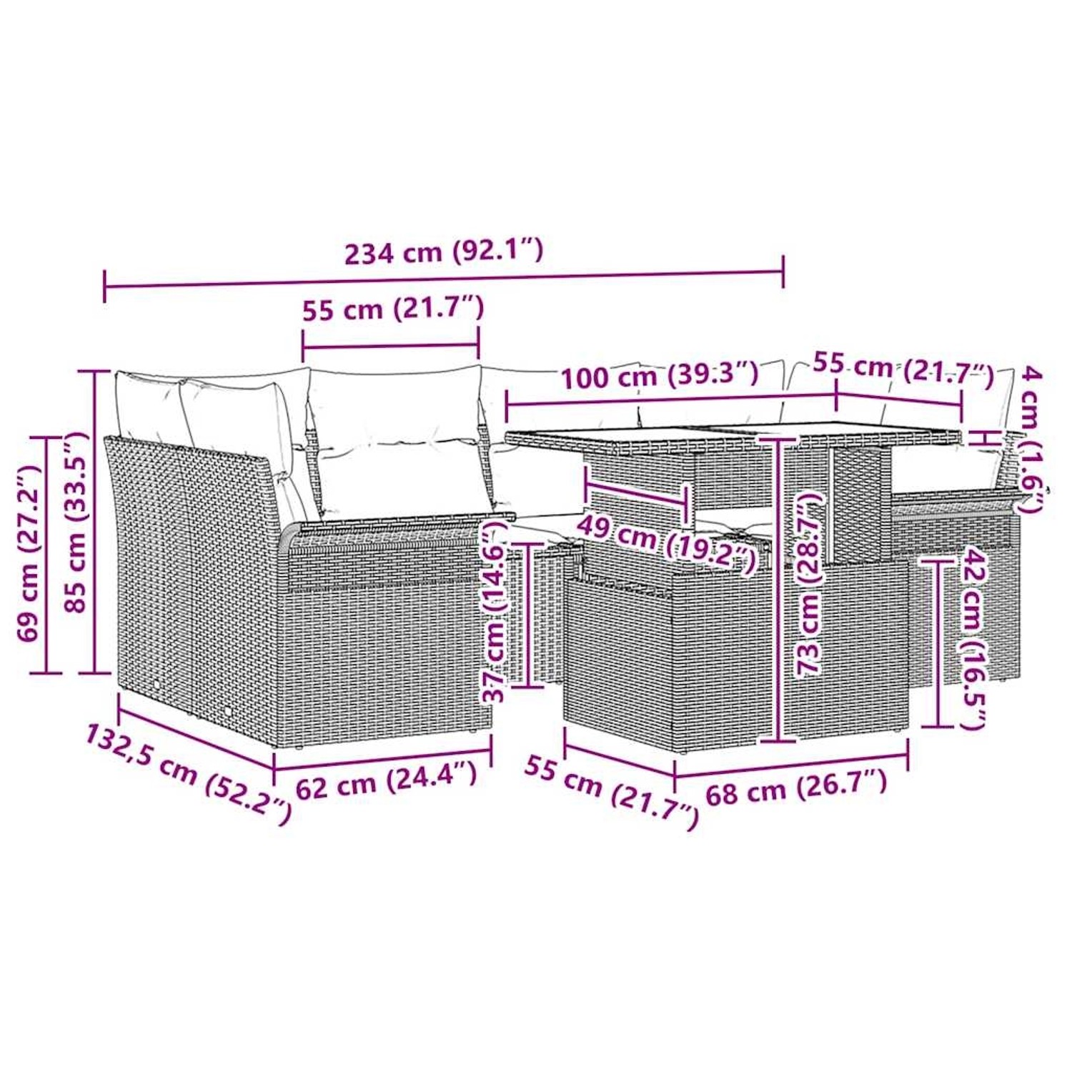 Beiges 7-teiliges vidaXL Garten-Sofa-Set aus Poly Rattan mit Tisch und Kissen, Maße eingezeichnet.