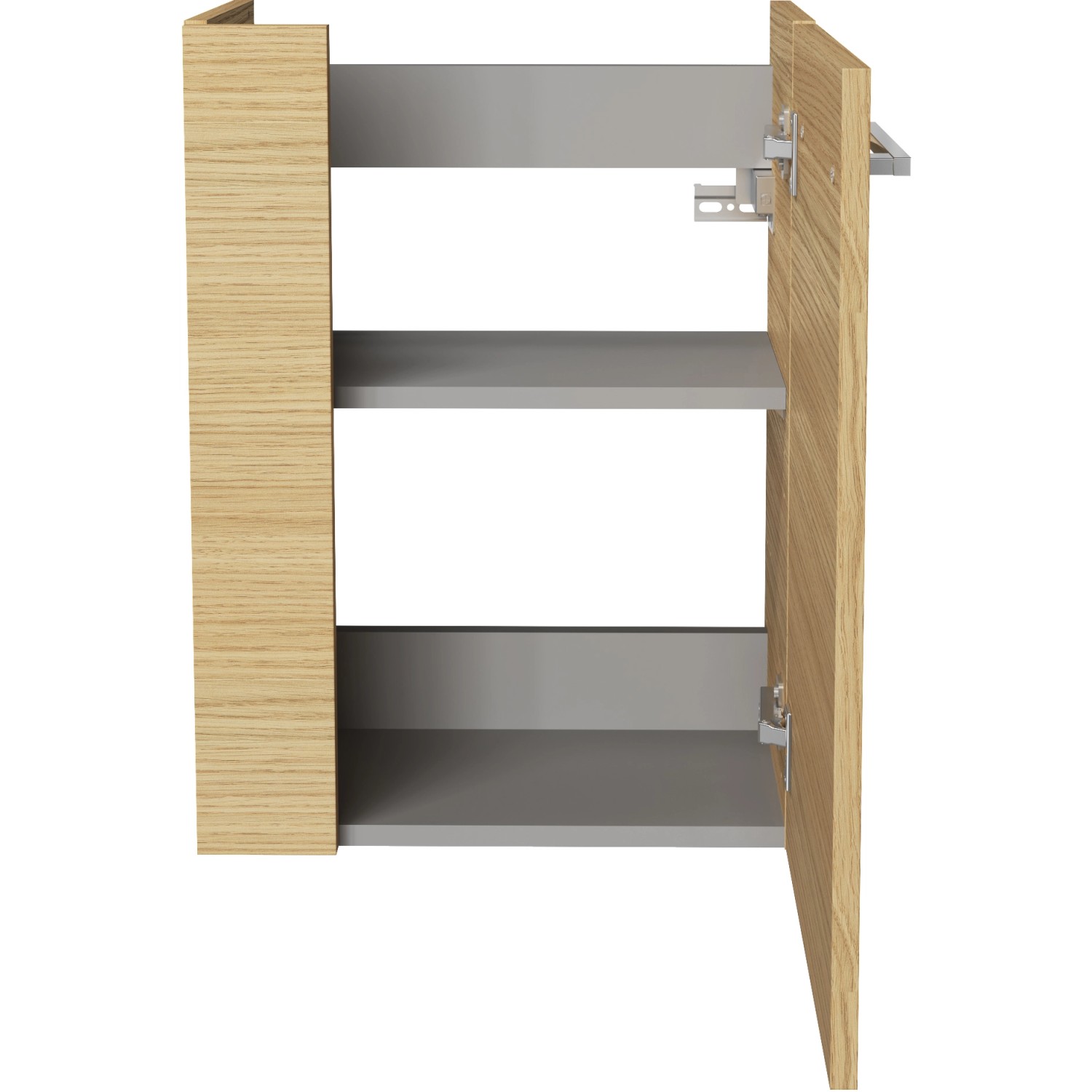 Fackelmann Waschbeckenunterschrank SBC Sandeiche, 44 cm breit, mit offenstehender Tür und Einlegeböden.