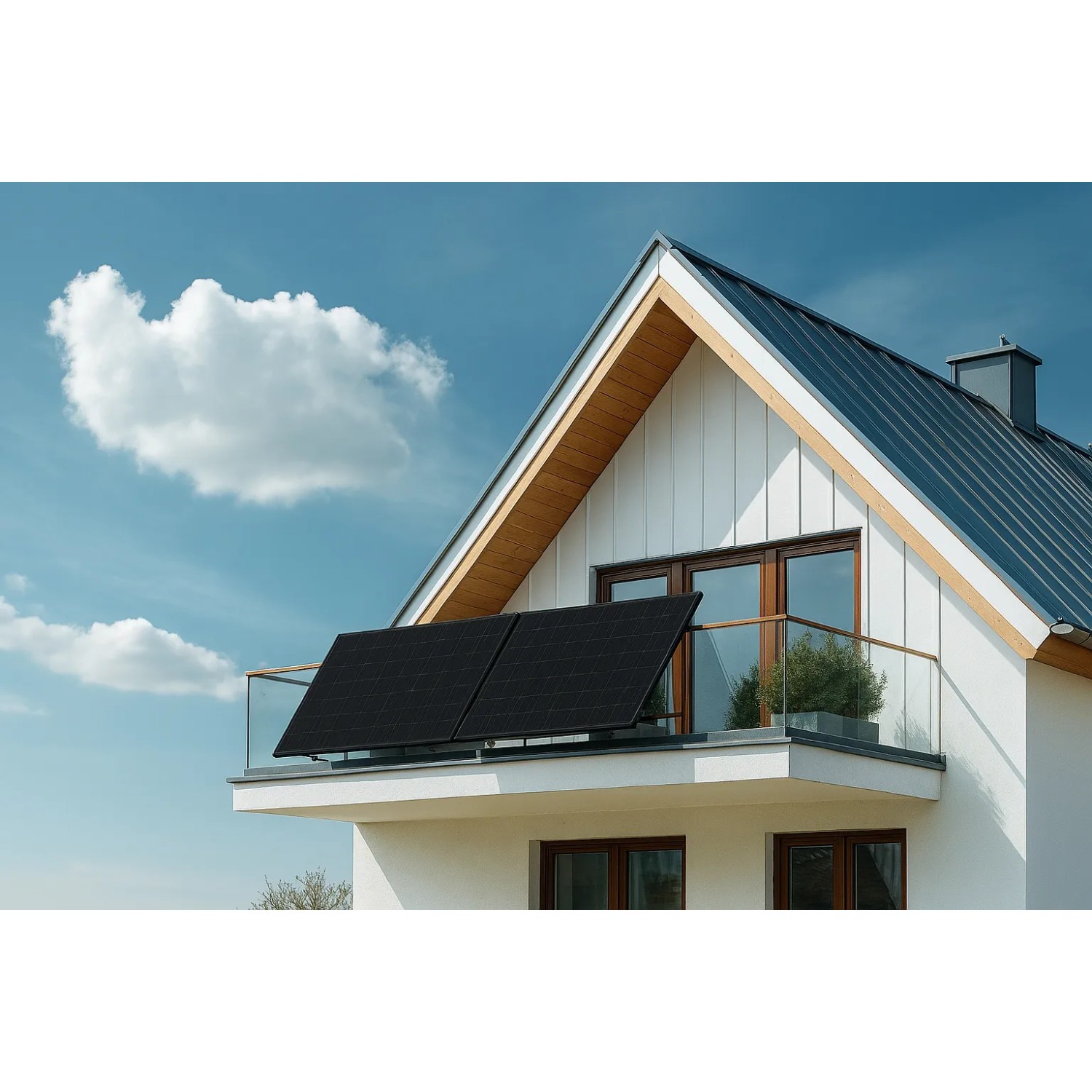 Haier Balkonkraftwerk Lumenia 800W mit Halterung auf Balkon montiert.