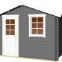 Lasita Holz-Gartenhaus Wels 3 in Carbongrau mit weißer Tür und Fensterrahmen.