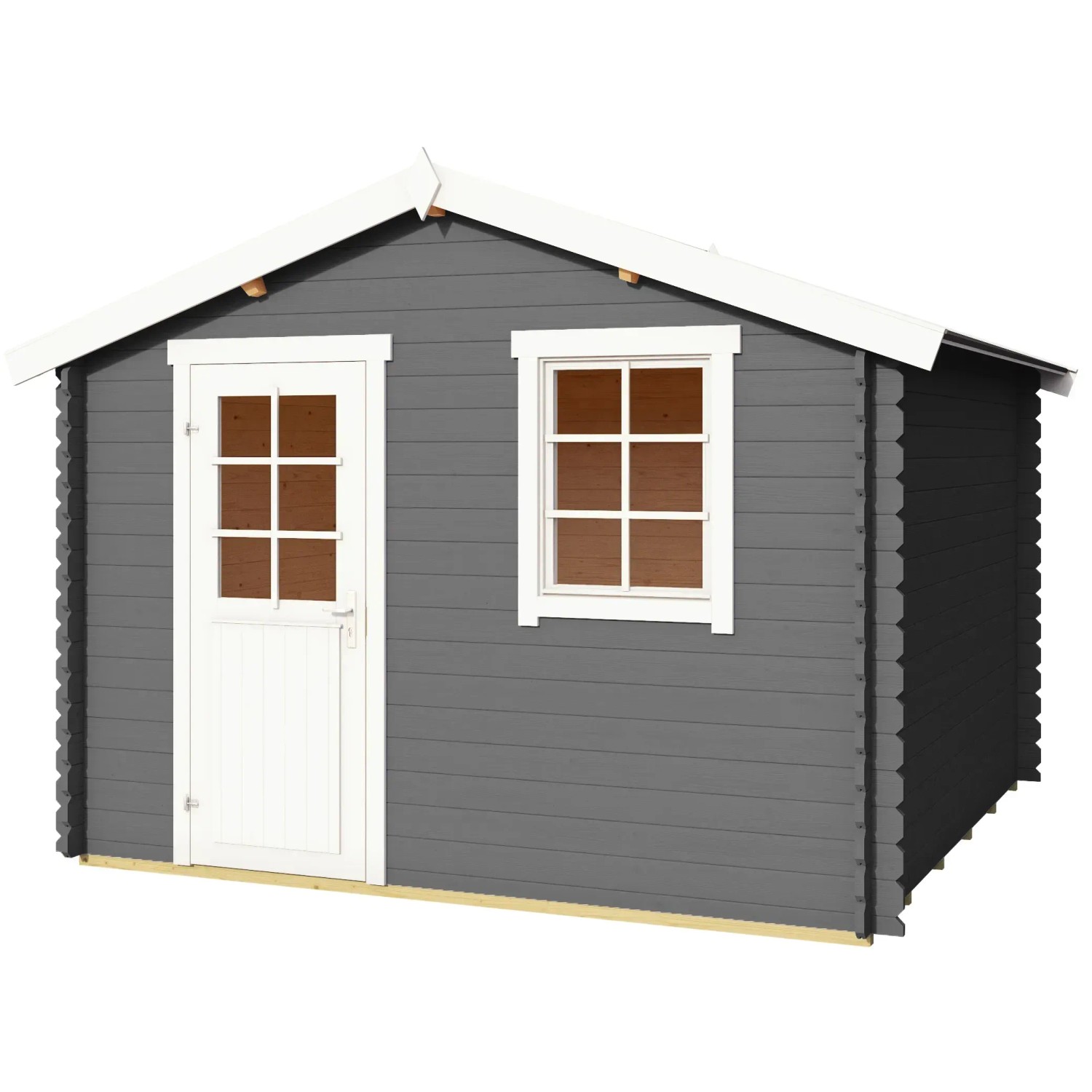 Lasita Holz-Gartenhaus Wels 3 in Carbongrau mit weißer Tür und Fensterrahmen.