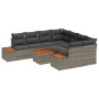 Graues 9-teiliges Garten-Sofa-Set aus Poly Rattan mit Kissen und Akazienholztisch.