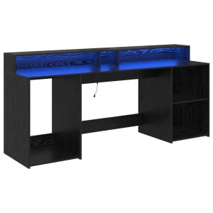 Schwarzer vidaXL Schreibtisch mit LED-Beleuchtung und Regalen aus Holzwerkstoff, 200x55x91 cm.