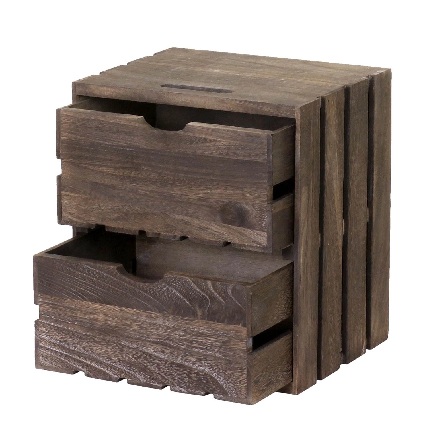 Braune MCW Kommode C62 mit 2 Schubladen aus Paulowniaholz im Shabby-Look.