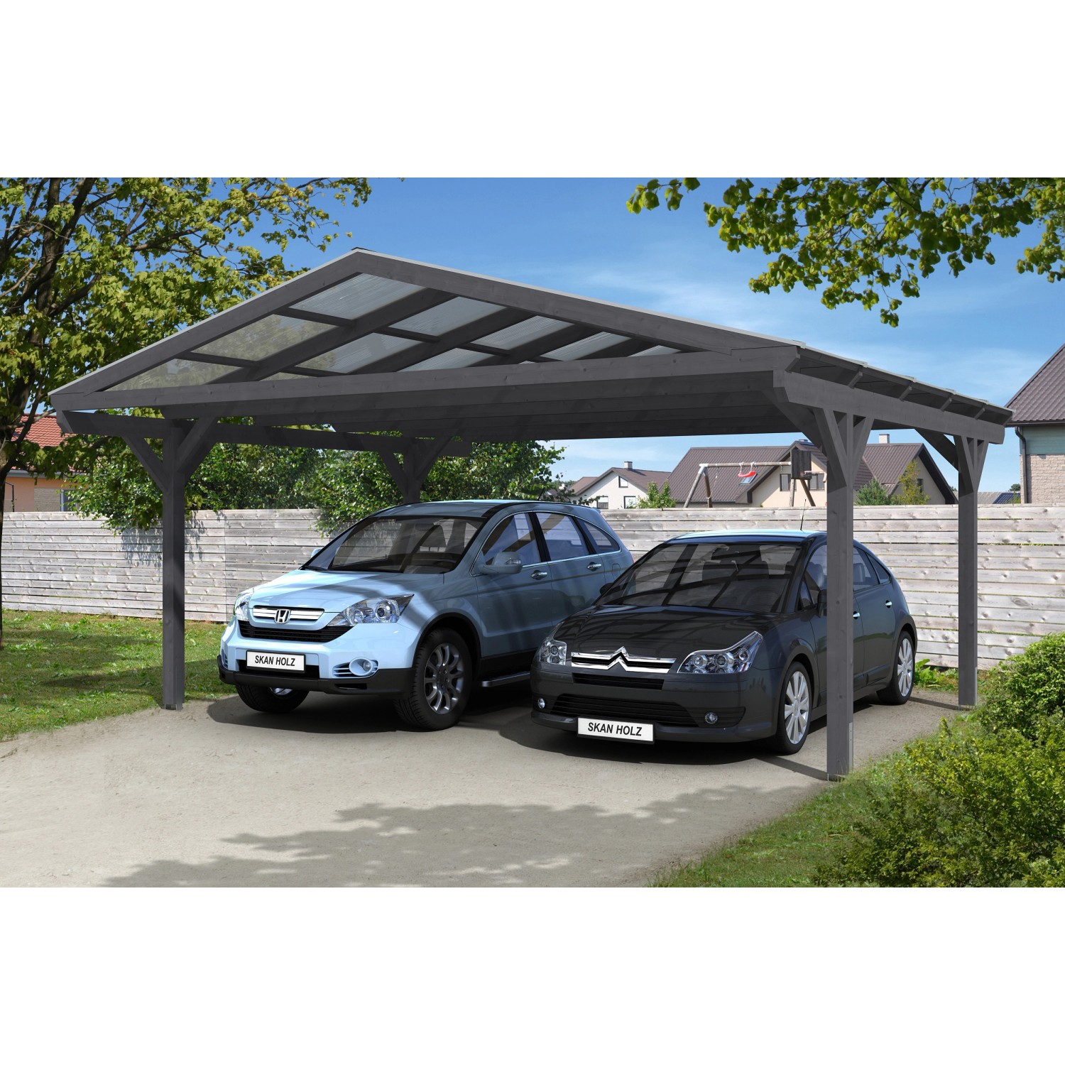 Skan Holz Carport Westerwald 570 cm x 541 cm gerade Kopfbänder Schiefergrau