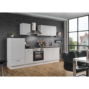 Menke Küchenzeile White Classic 270 cm in Weiß-Marmor-Optik mit Elektrogeräten.