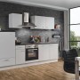Menke Küchenzeile White Classic 270 cm in Weiß-Marmor-Optik mit Elektrogeräten.