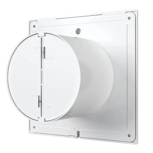 Weißer VLANO Badlüfter E 150 S mit Rückschlagventil im ultraflachen Design.