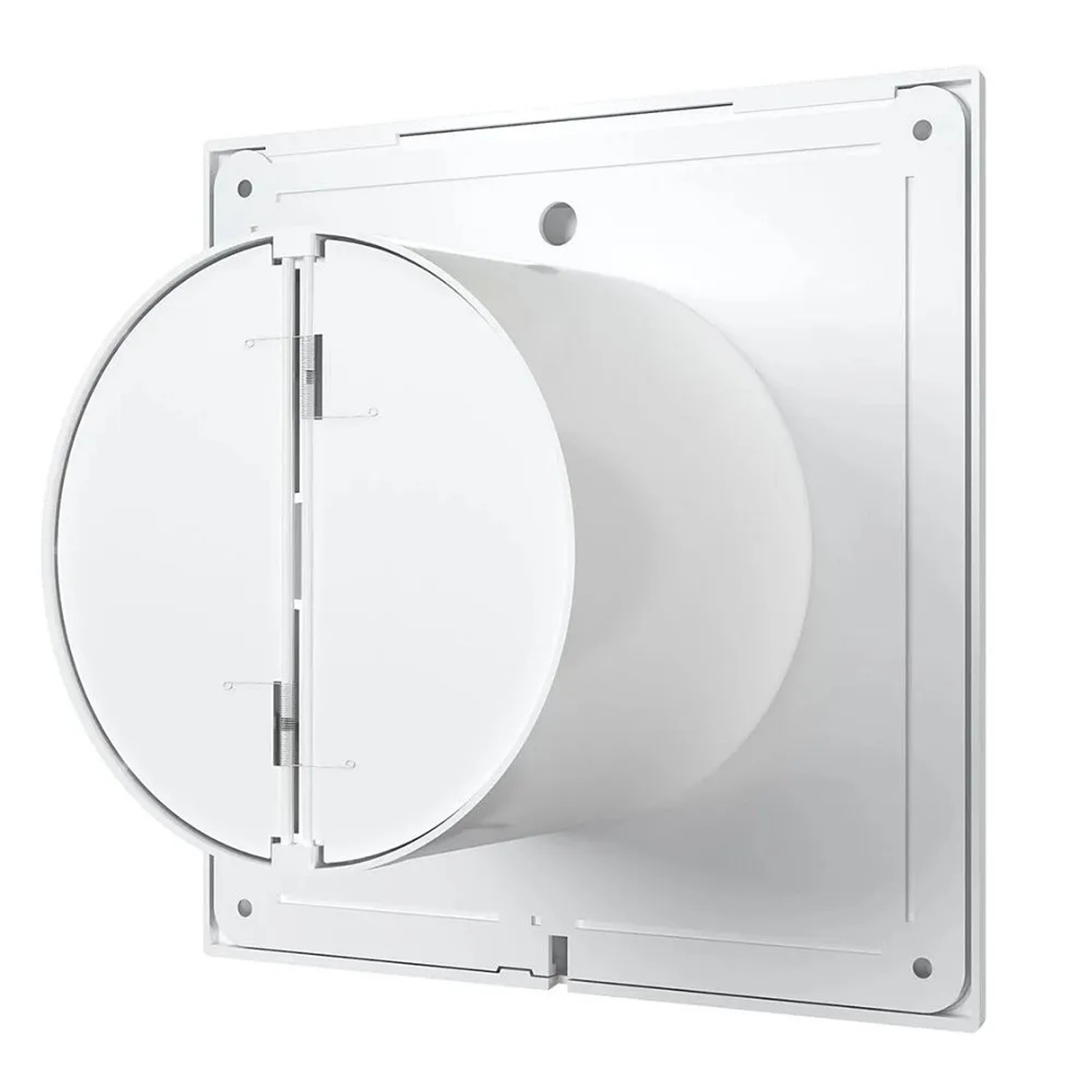 Weißer VLANO Badlüfter E 150 S mit Rückschlagventil im ultraflachen Design.