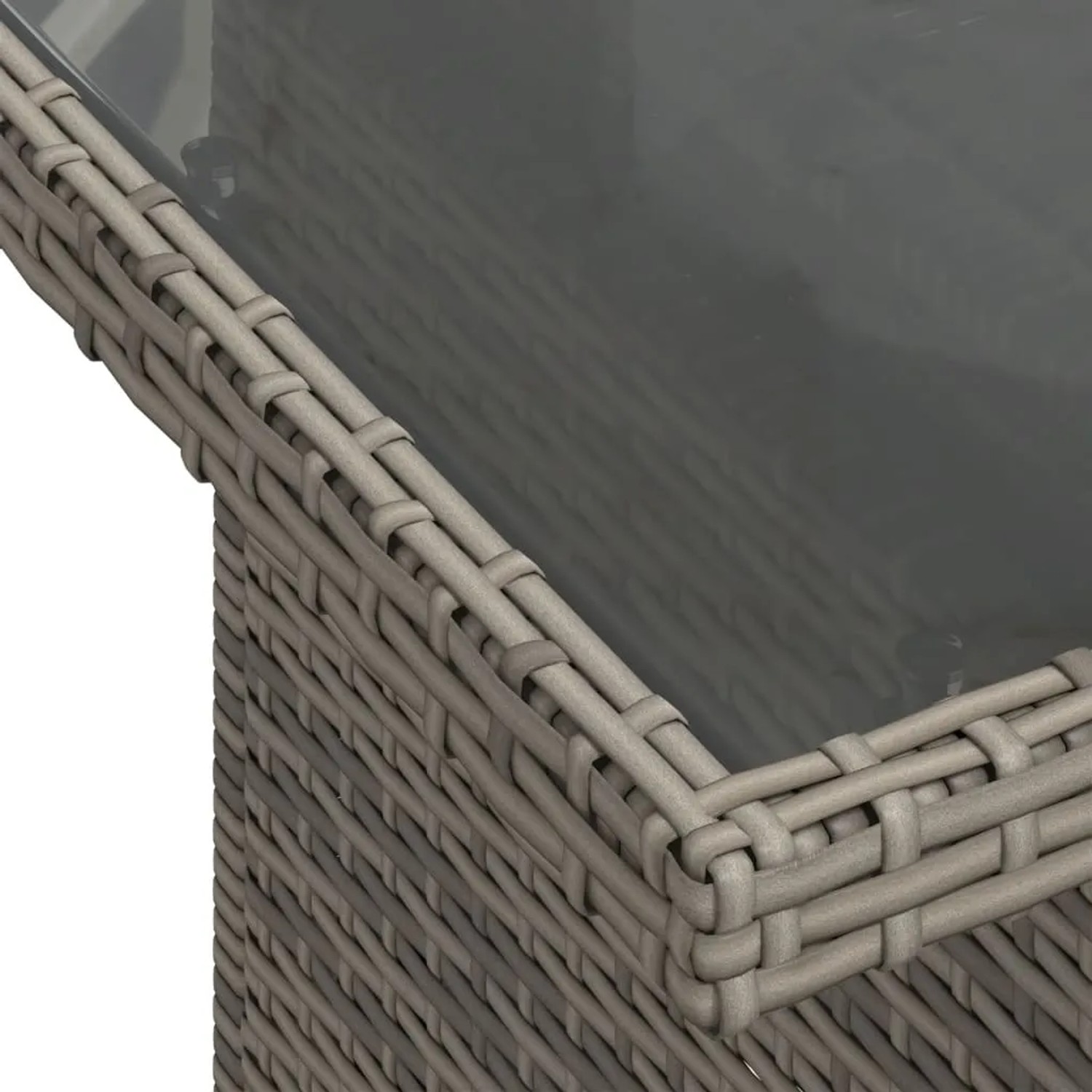 Detailansicht: Grauer Rattan-Gartentisch mit Glasplatte der vidaXL Sofagarnitur.